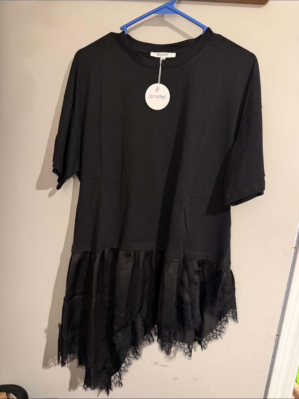 Pastels Black Short Sleeve Tunic with Lace Trim